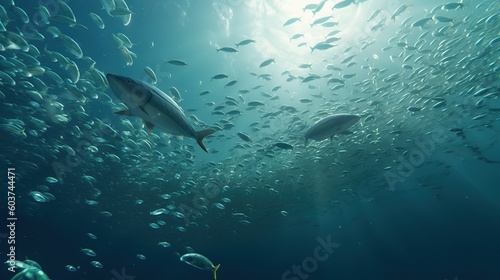 Underwater view, sea fish of different species in clearwater.Generative AI photo