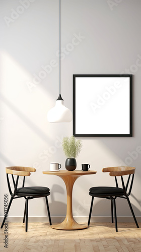 clean design breakfast nook with modern minimalist design, empty framed template of artwork, poster blank mockup, generative ai
