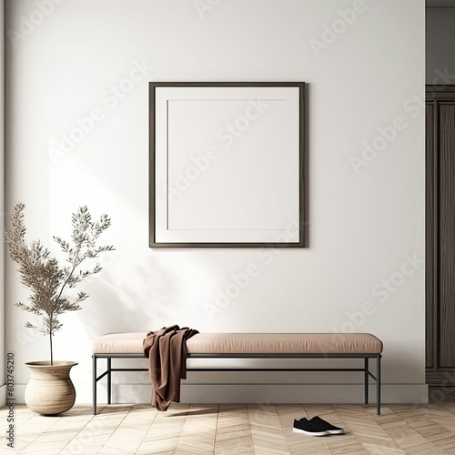 Wallpaper Mural modern minimalist entryway with vintage bench and, empty framed template of artwork, blank mockup, generative ai Torontodigital.ca