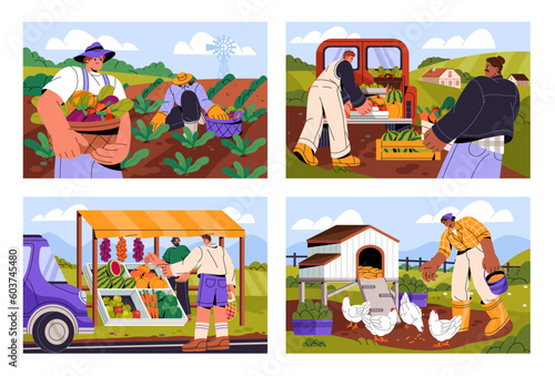 Farmers at agriculture works set. Rural workers cultivating crops, collecting vegetables at farm field, selling harvest at local market. People at farmland landscapes. Flat vector illustrations