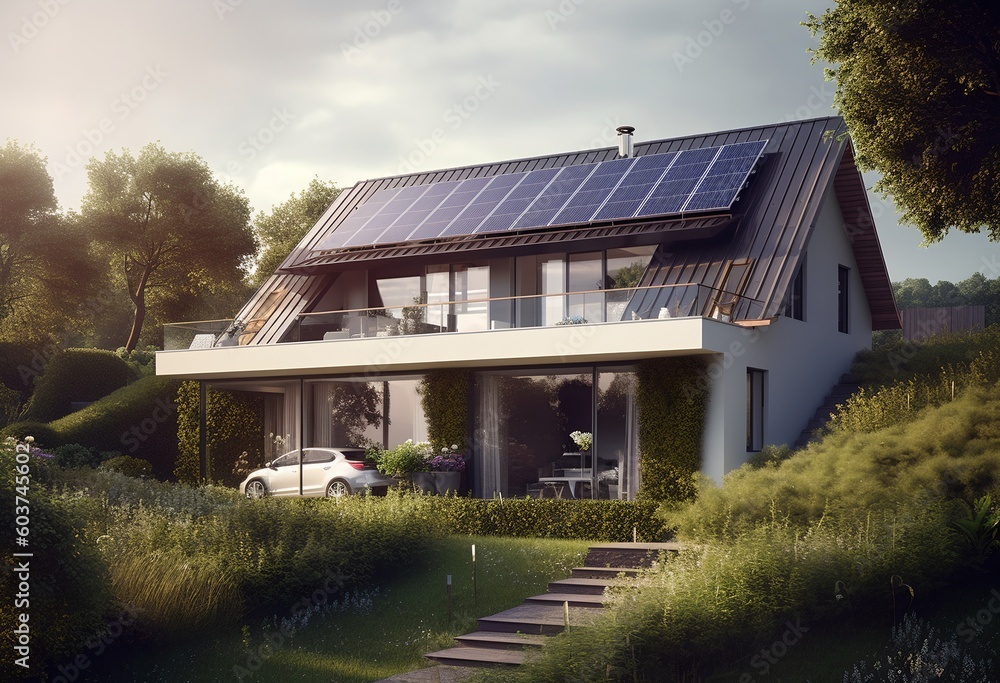 Modern home with solar panels, generative ai