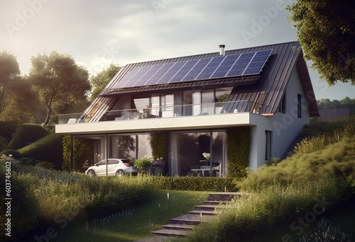Modern home with solar panels, generative ai