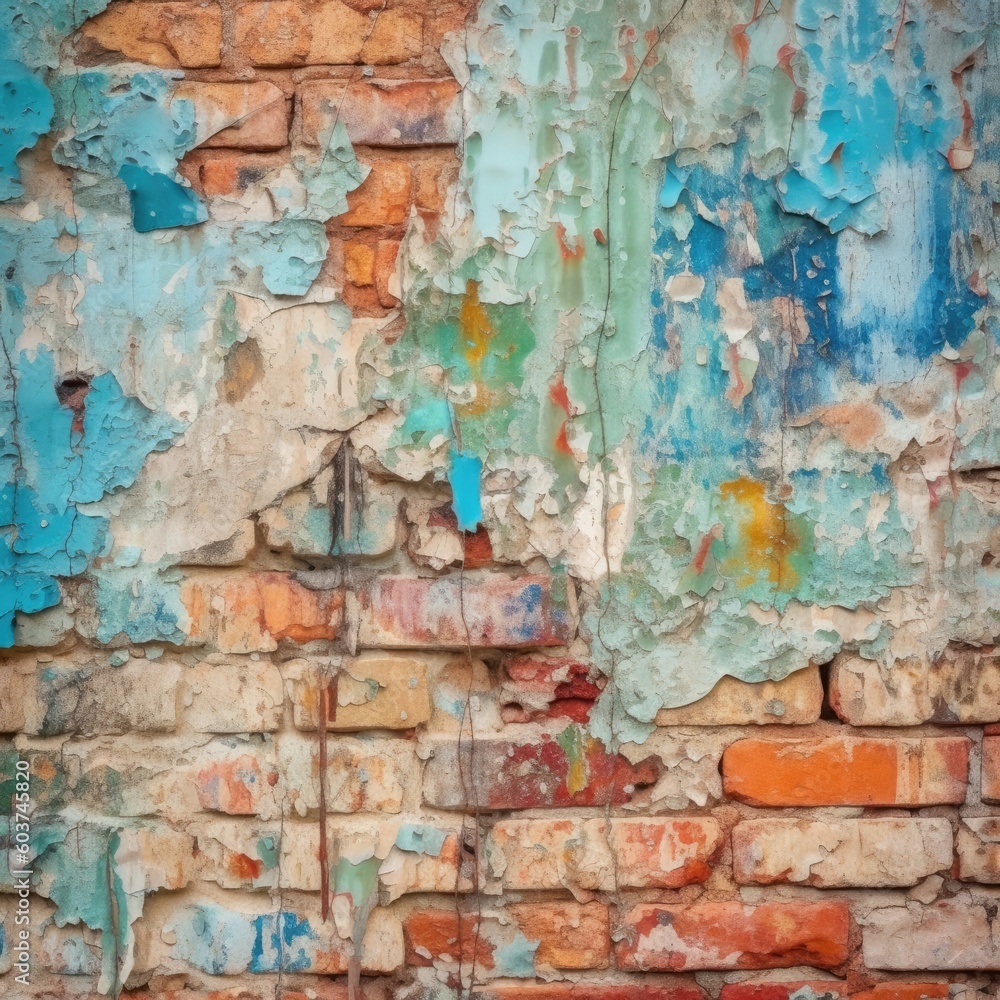 The brick wall has peeling paint and looks weathered. (Generative AI)