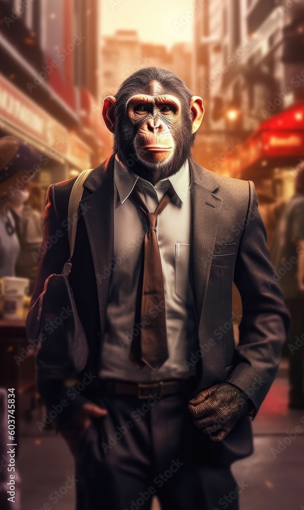 Chimpanzee dressed in a suit like a businessman (generative AI)