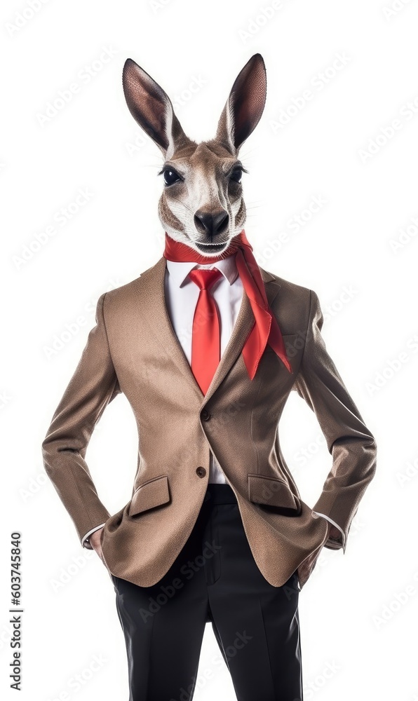 Kangaroo dressed in a suit like a businessman, isolated on white (generative AI) Kangaroo dressed in a suit like a businessman, isolated on white (generative AI)