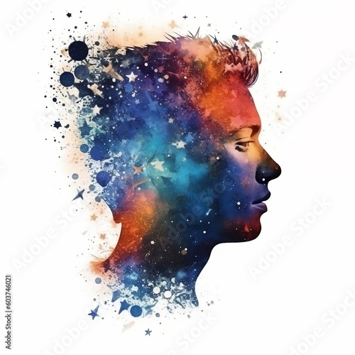 Illustration of a person's profile with galaxy starry background. AI