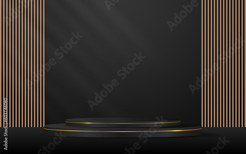 Black podium with elegant golden lines with brown slatted backdrop for advertisement display. Display of cosmetic products. stage or podium. vector illustration
