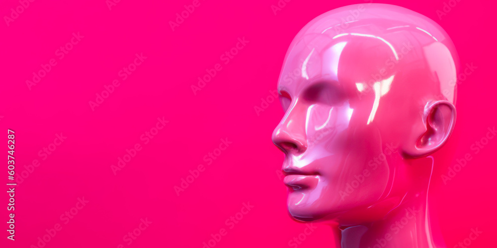 male head mannequin on pink background copy space generative ai