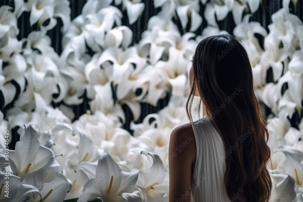 Naklejka premium dark silhouette of a woman on the background of large white lilies beauty femininity generative ai