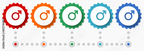 Male vector icon set, colorful infographic template, set of flat design badge icons in 5 color options