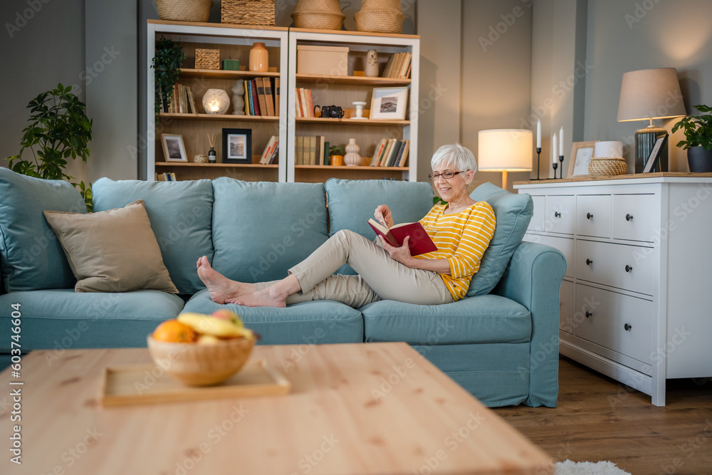 Senior woman mature caucasian female read book at home wear eyeglasses Senior woman mature caucasian female read book at home wear eyeglasses