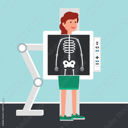 Female medical examination  chest x ray procedure. Woman patient examined body by x-ray machine scanning. Roentgen of chest bone. Human during x-ray procedure. Vector flat style cartoon illustration