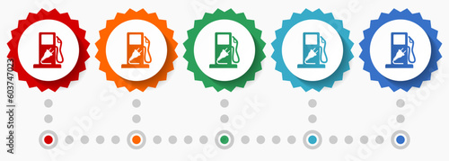 Electric fuel, electricity vector icon set, colorful infographic template, set of flat design badge icons in 5 color options