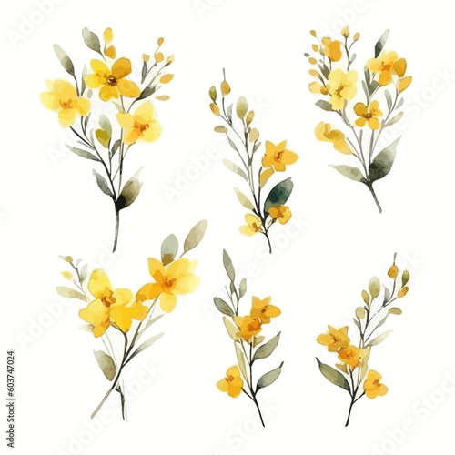 Set of yellow floral watecolor. flowers and leaves. Floral poster, invitation floral. Vector arrangements for greeting card or invitation design