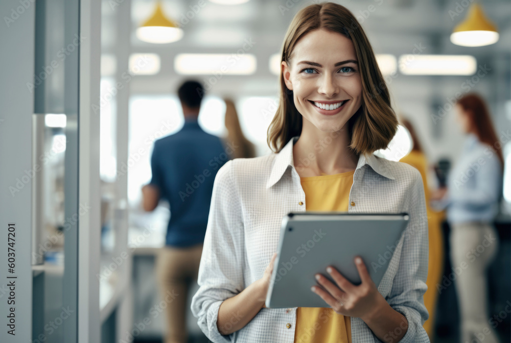 Generative AI image of positive young female with brown hair smiling and looking at camera while standing in blurred office corridor with colleagues moving around Generative AI image of positive young female with brown hair smiling and looking at camera while standing in blurred office corridor with colleagues moving around