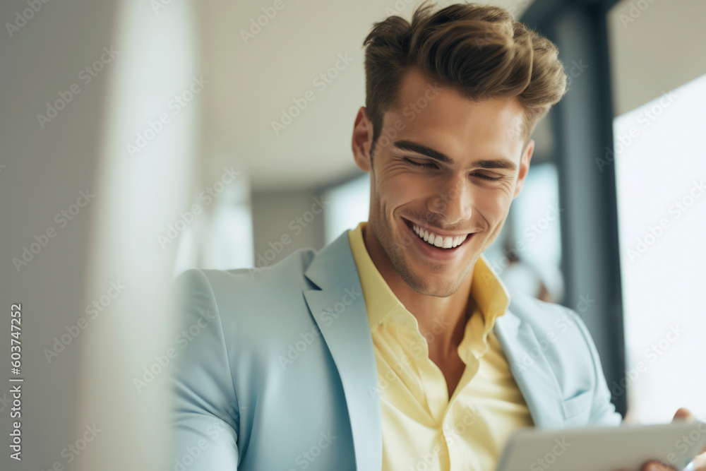 Generative AI image of cheerful young male entrepreneur in elegant suit smiling and looking at screen of tablet while standing near window with daylight in blurred office Generative AI image of cheerful young male entrepreneur in elegant suit smiling and looking at screen of tablet while standing near window with daylight in blurred office