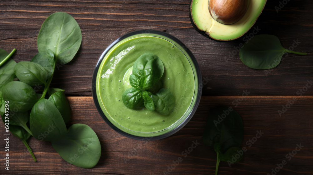 Fresh Spinach and Avocado Smoothie on a Rustic Table Fresh Spinach and Avocado Smoothie on a Rustic Table