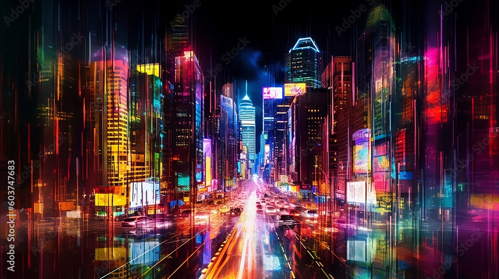 Vibrant Cityscape, Light trails, neon, colorful, abstract digital art
