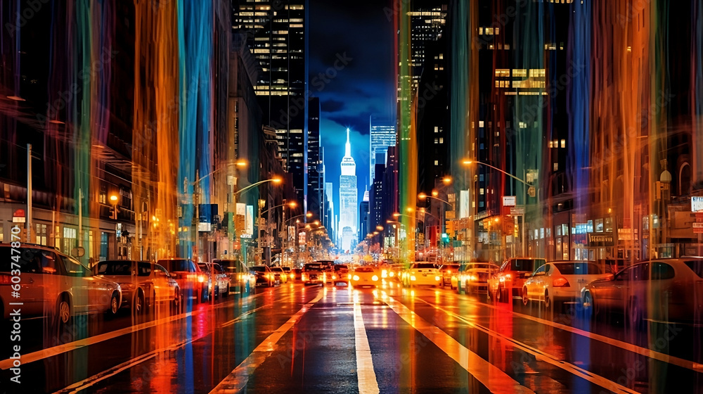 Vibrant Cityscape, Light trails, neon, colorful, abstract digital art