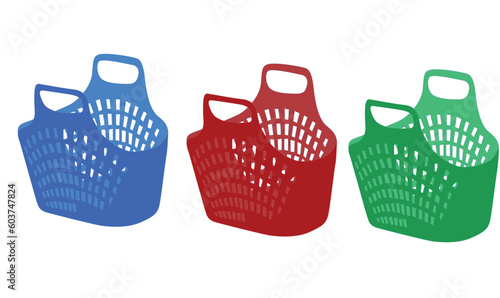 Vietnamese traditional market basket vector set in different colors. Plastic basket vector. Plastic product. Flat vector illustration in cartoon style isolated. Shopping basket vector.