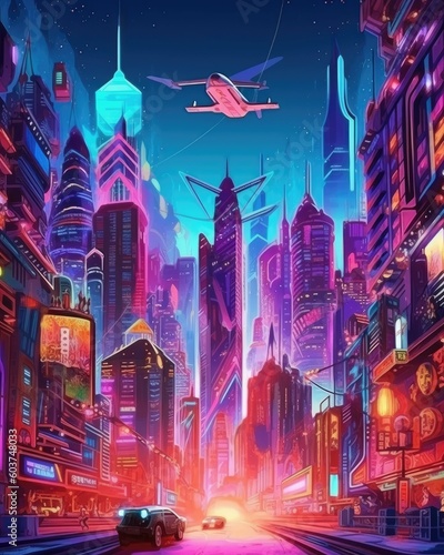 A futuristic cyberpunk city at night with fly cars. (Generative AI)