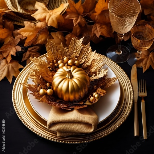 Elegant Thanksgiving table setting with decorative golden accents. AI