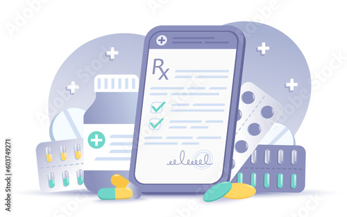 Online pharmacy concept. Ordering medical drugs by health care application. Online prescription on smartphone screen, different kinds of medicine pills. Flat modern vector illustration for web design