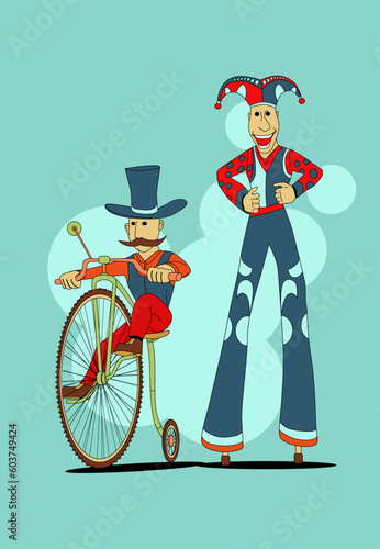 Trucks on bicycles and stilts, circus clowns