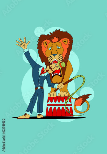The tamer put his head in the mouth of the lion. Funny cartoon-style picture with a tiger circus tamer