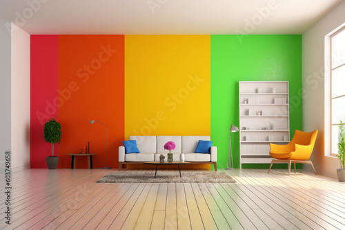 Colourful room wall, modern, elegant, vivid colours, photorealistic, orange, yellow, green, blue, sofa, library, room photo