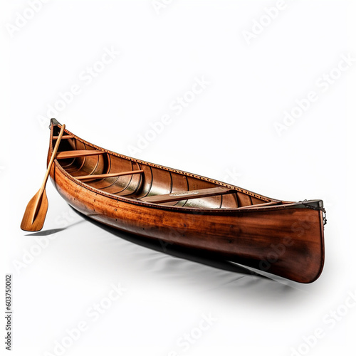 A traditional canoe made from wood isolated on white background. Suitable for use by no more than two people. Moved on water using a dipper. © Aisyaqilumar