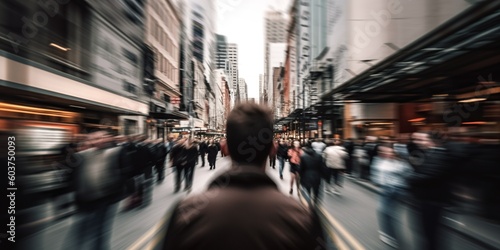 Person standing still amidst a bustling city street, as the motion blur of the crowd conveys the fast pace of urban life, concept of Solitude amidst chaos, created with Generative AI technology
