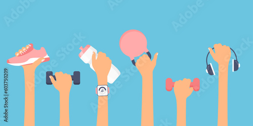 Hands hold different sport equipment. Colored gym accessory. Fitness concept. Workout stuff bundle. Dumbbells, sneakers, kettlebell, earphone etc. Vector illustration in trendy flat style isolated.