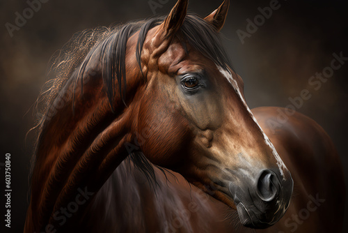 Elegant horse portrait on black backround. Horse on dark backround. Generative AI