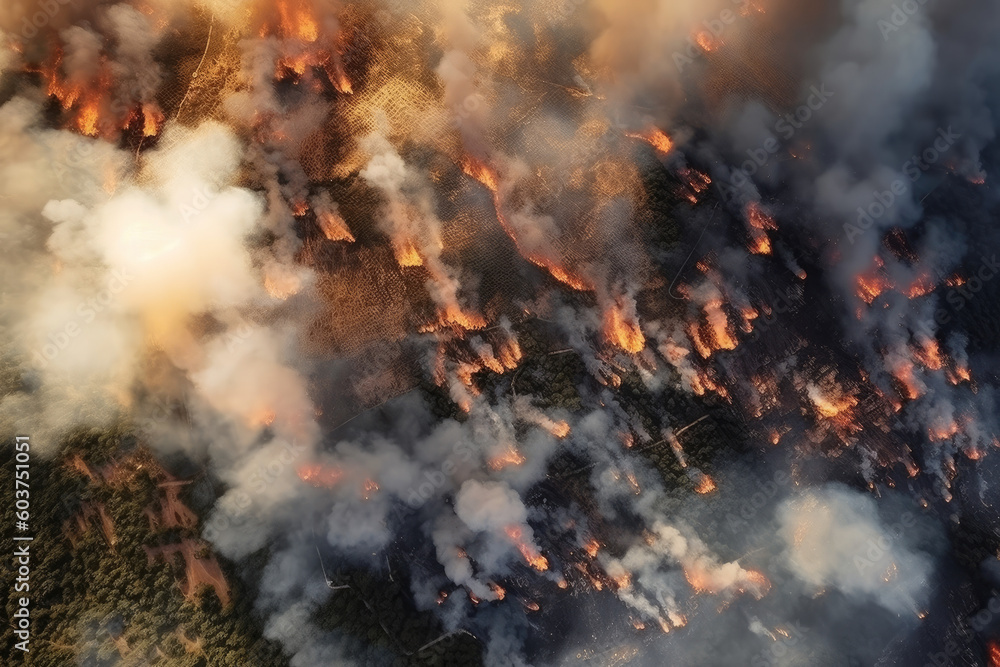 Aerial view of forest fire, heatwave aftermath, devastated landscape. Generative AI.