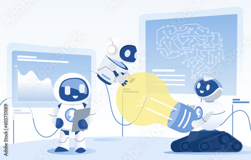 Artificial intelligence (AI) technology can perform task instead human such as analysis, planning, thinking, working, and processing stocks or charts. Flat vector illustration.