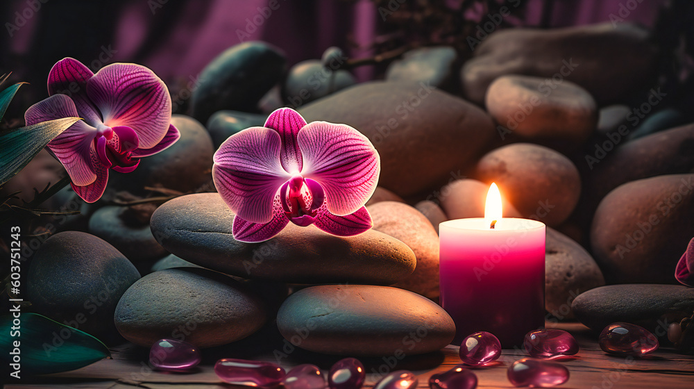 a pink orchid in the midst of stones with candles illuminating the background a pink orchid in the midst of stones with candles illuminating the background