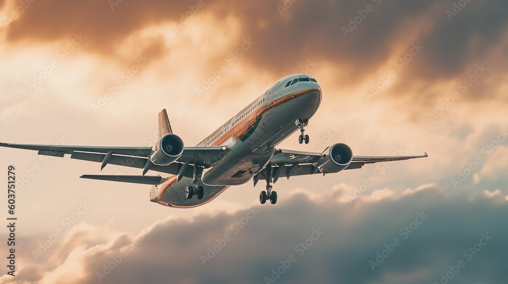 Fligendes Flugzeug, landen, starten, Wolken, Hoch, generative AI Fligendes Flugzeug, landen, starten, Wolken, Hoch, generative AI