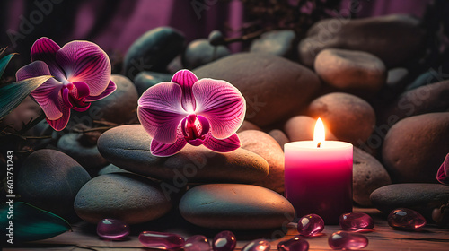 a pink orchid in the midst of stones with candles illuminating the background