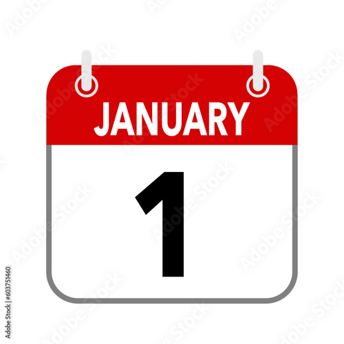 1 January, calendar date icon on white background.