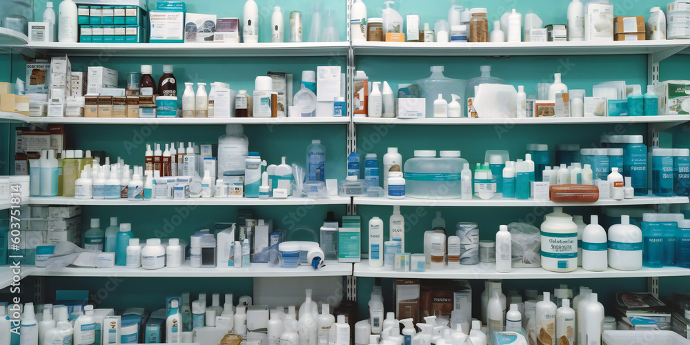 a shelf of medical products in a pharmacy