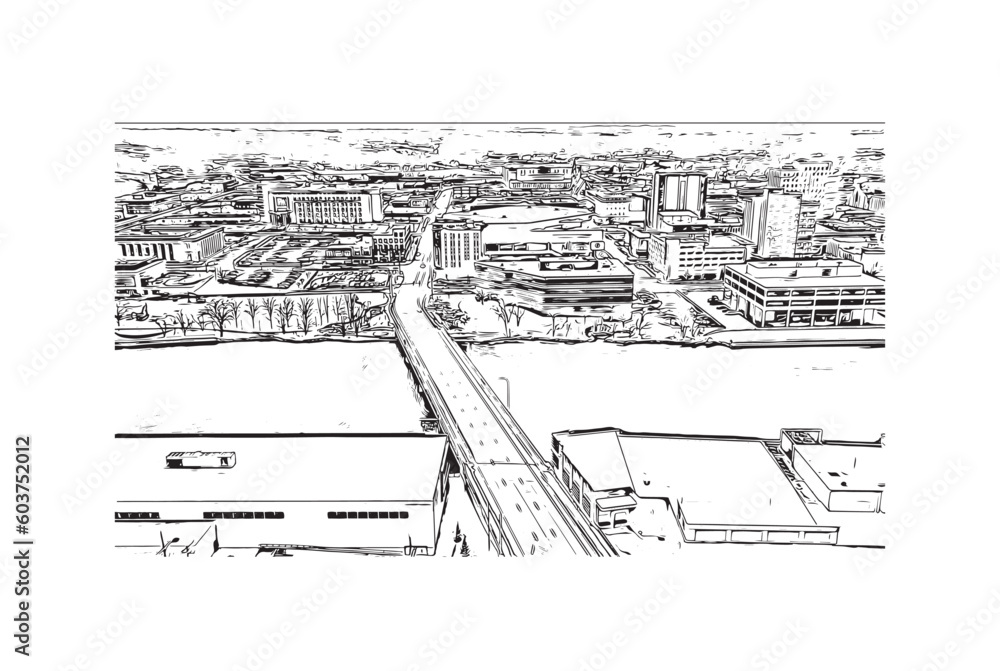 Obraz premium Building view with landmark of Rockford is a city in northern Illinois. Hand drawn sketch illustration in vector.