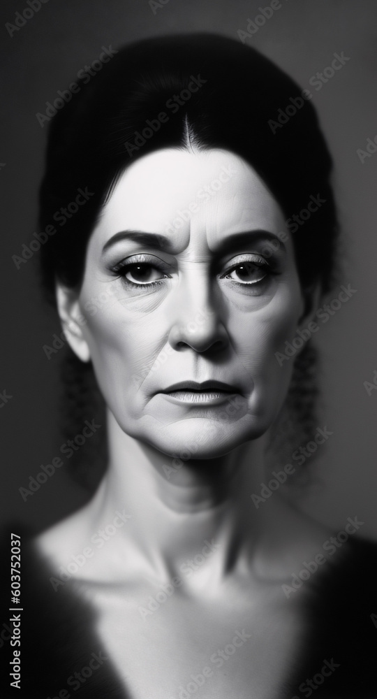 The black-and-white photographic portrait of a middle-aged woman. Generative ai