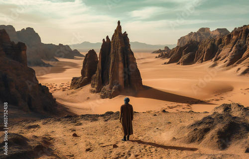 a person stands in the desert surrounded by rock formations