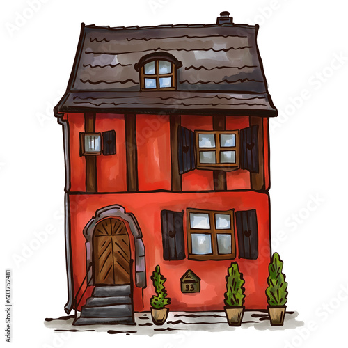 A beautiful old town house. Hand-drawn illustration. Red two story house. Isolated on white background.