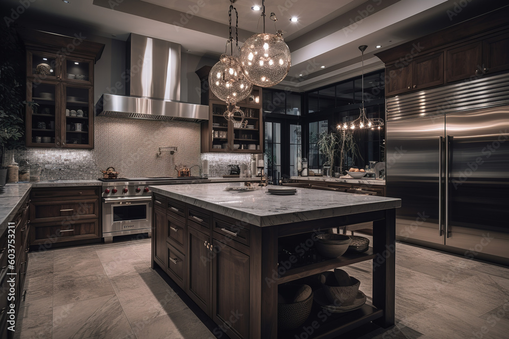 Luxury kitchen. Wood and marble - obrazy, fototapety, plakaty 