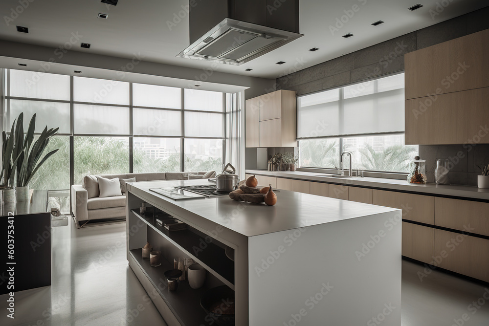 Modern and luxurious kitchen with a large table and a large work surface. Wood and marble Modern and luxurious kitchen with a large table and a large work surface. Wood and marble