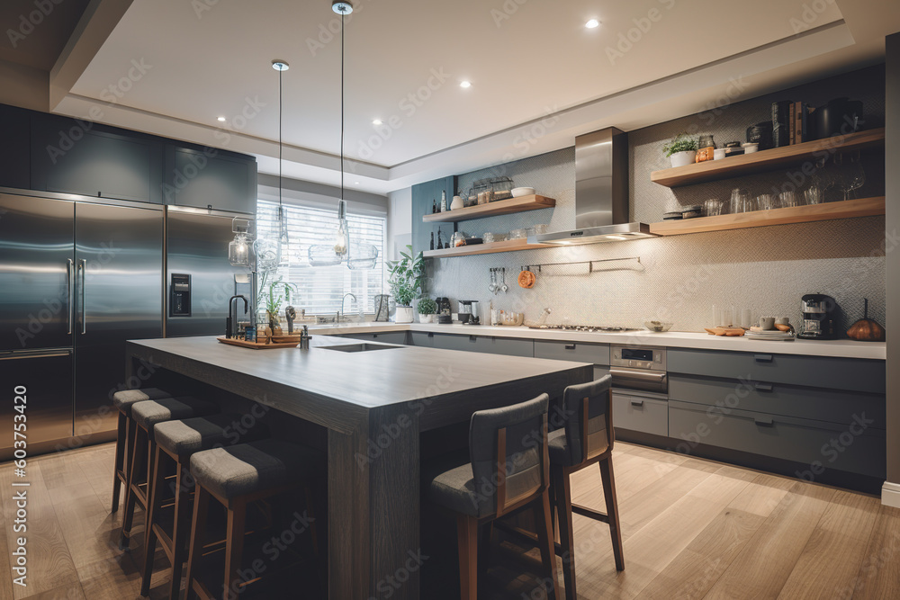 Modern and luxurious kitchen with a large table and a large work surface. Wood and marble Modern and luxurious kitchen with a large table and a large work surface. Wood and marble
