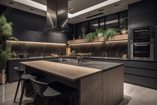 Modern and luxurious kitchen with a large table and a large work surface. Wood and marble