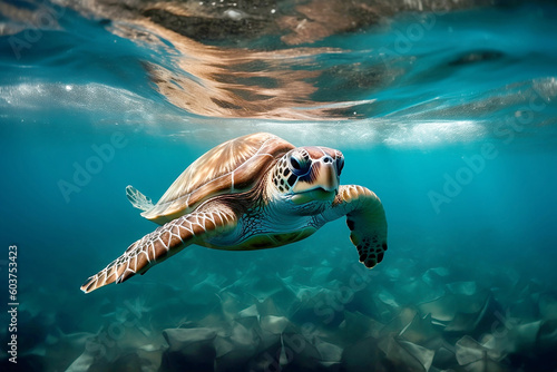 Turtle floating in blue water ocean surrounded by plastic carrier bag and rubbish in a sea. Underwater littler garbage sea pollution. Environmental problem - plastic contamination. Generative AI